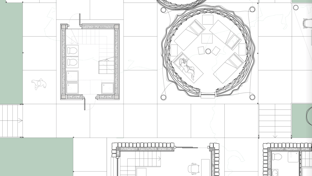 Refuge Plan Closeup of the 3 building types: Paul's Yurts, Andrew's Homes and Peter's Towers.