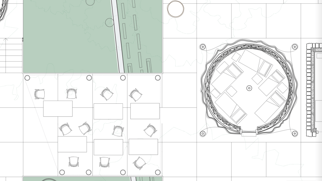 Closeup of the 1:50 Refuge Plan showing the communal dining/meeting space and a nearby Paul Yurt on a timber platform