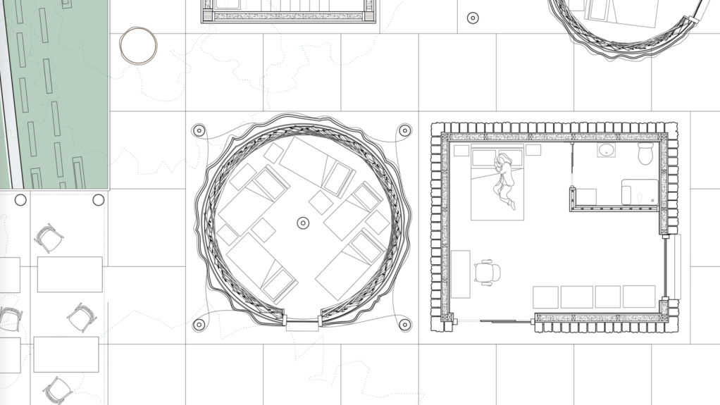 Closeup of the Refuge Plan showing the arrangement of the 3 building types on the timber platform.