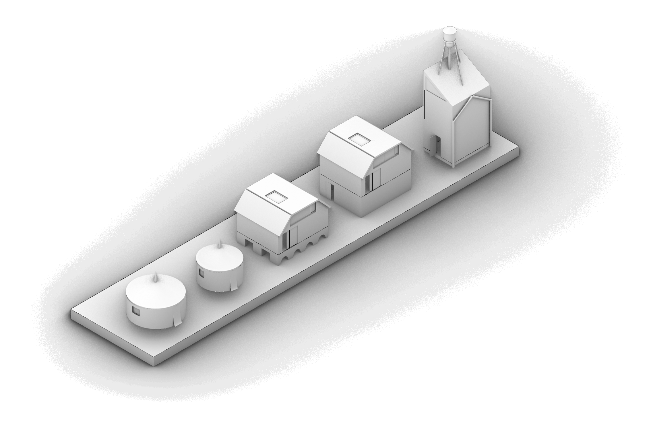 Axonometric of 3 building types and 5 variations in total. Left to right: Paul's Yurt variations, Andrew's Home variations, Peter's Tower.