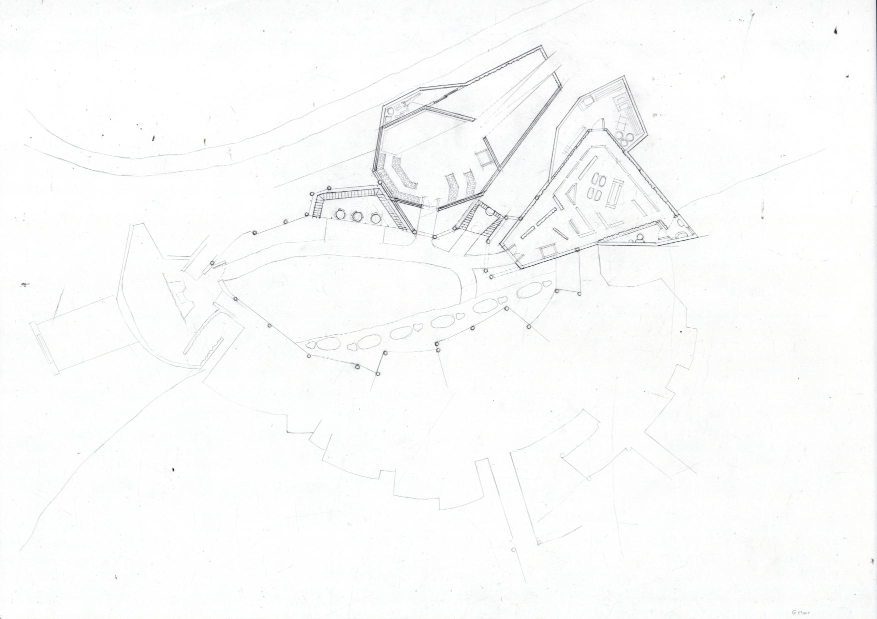 A pencil-drawn section of the Ground Floor of the Grief Memorial Site