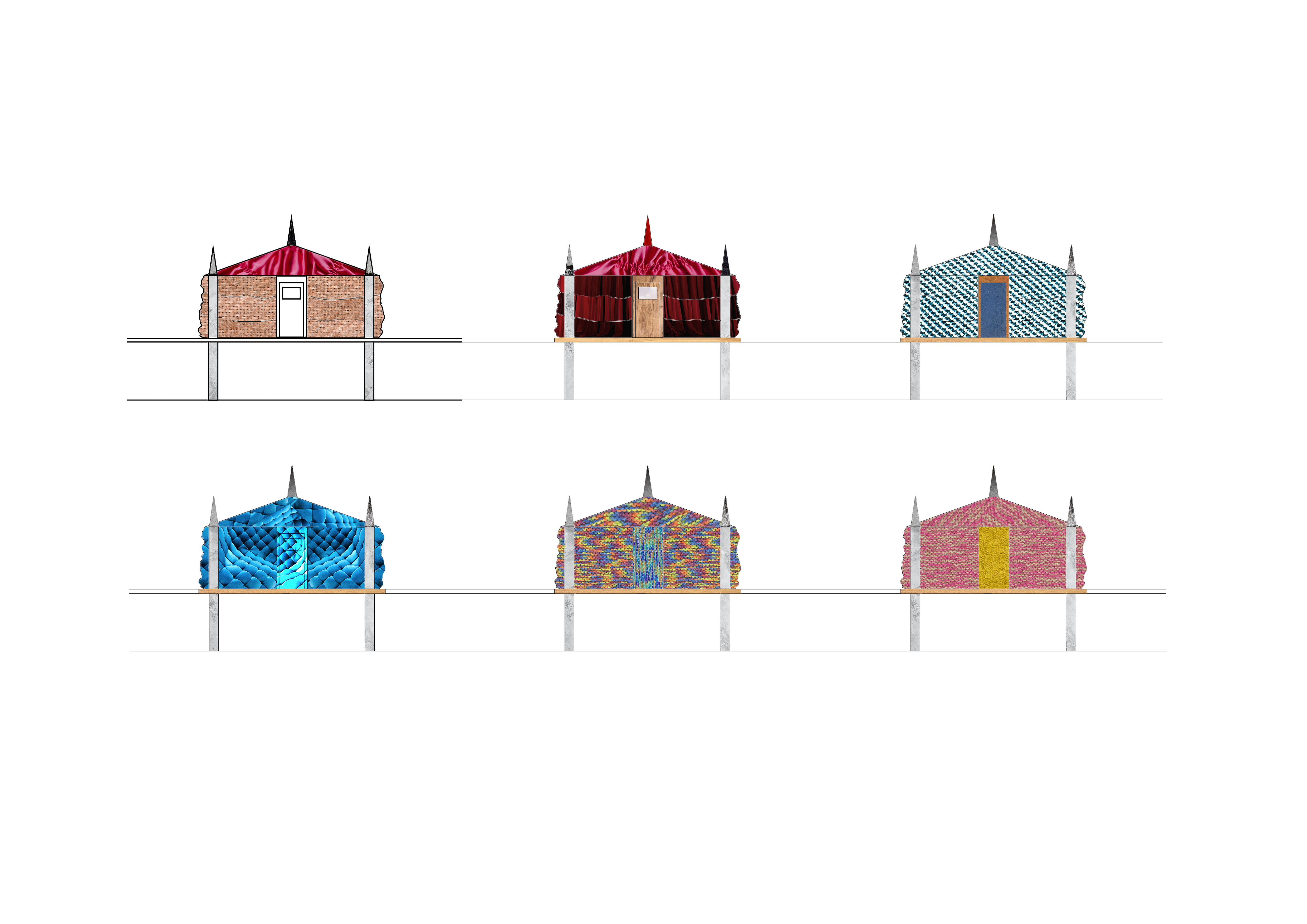 6 collage diagrams of Paul's Yurts with different fabric materials