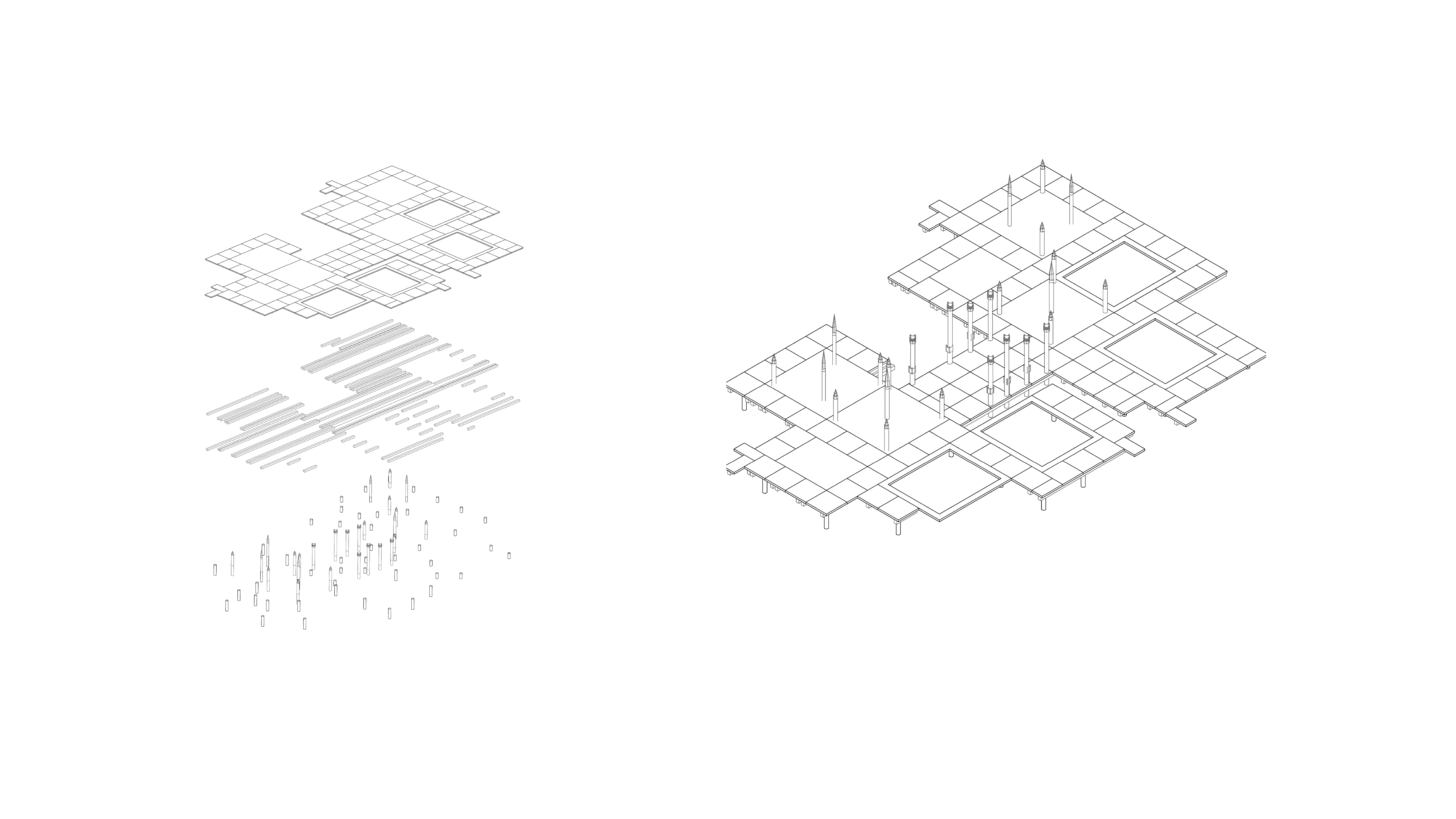 Axonometric of the timber platform, limestone piles and spires without the buildings.