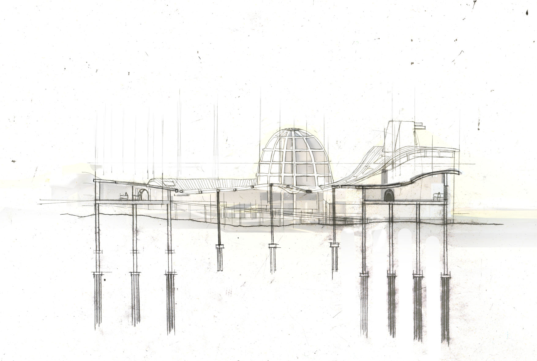 Pencil-drawn section showing the Grief Memorial Site cutting two different sections of the Water Memorial