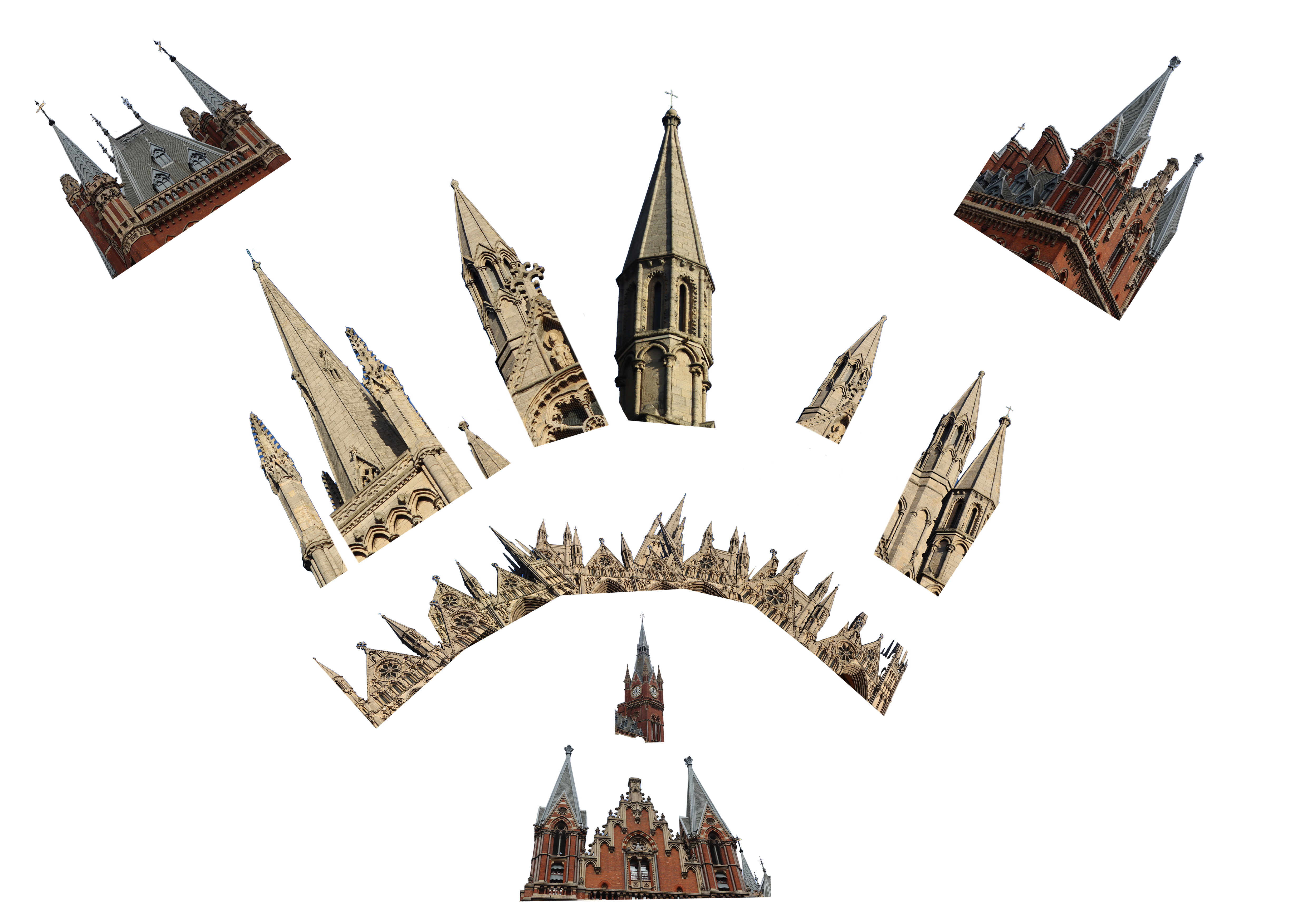Different images of spires from Peterborough Cathedral & King's Cross St Pancras