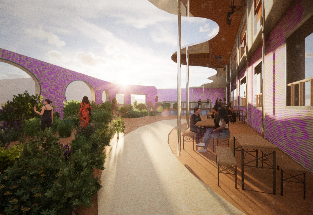 3D Model Render showing an outdoor seating area, greening and fenced glass floor.